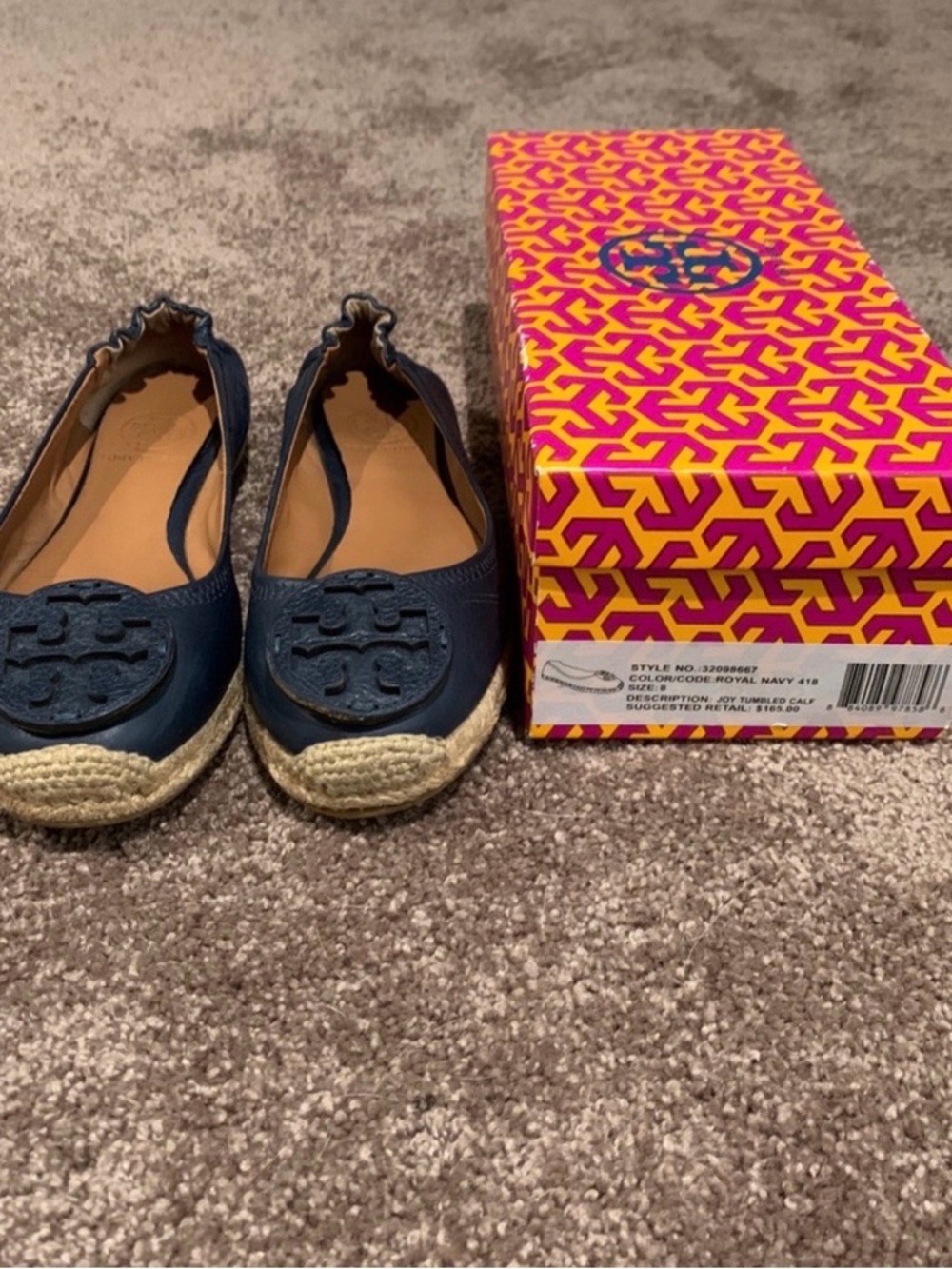 Tory Burch Navy Leather Espadrille Flats with Logo